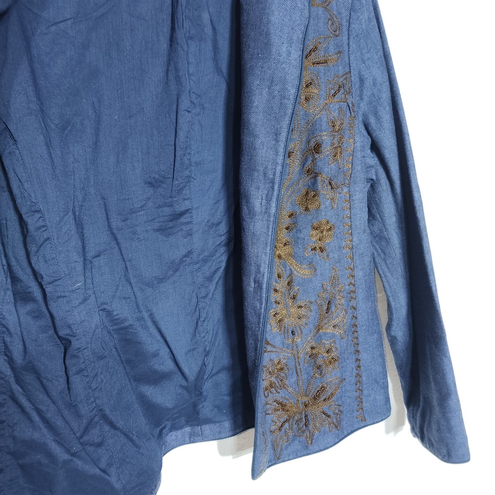 Coldwater Creek Blazer L Blue Bronze Embroidered Beaded Cotton Herringbone - Picture 3 of 13